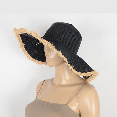 Wide Brim Straw Floppy Hat with Frayed Edges Lightweight Sun Protection