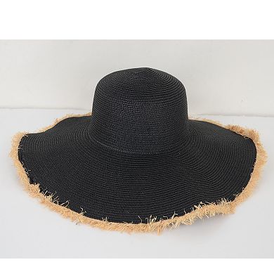 Wide Brim Straw Floppy Hat with Frayed Edges Lightweight Sun Protection