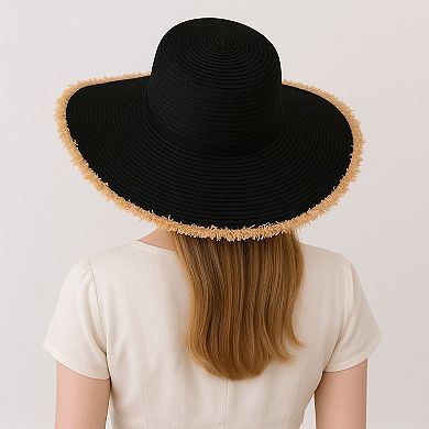 Wide Brim Straw Floppy Hat with Frayed Edges Lightweight Sun Protection