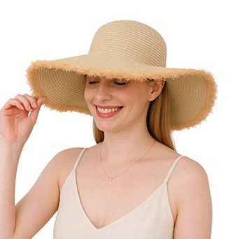 Wide Brim Straw Floppy Hat with Frayed Edges Lightweight Sun Protection