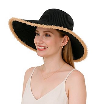 Wide Brim Straw Floppy Hat with Frayed Edges Lightweight Sun Protection
