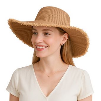 Wide Brim Straw Floppy Hat with Frayed Edges Lightweight Sun Protection