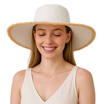 Wide Brim Straw Floppy Hat with Frayed Edges Lightweight Sun Protection