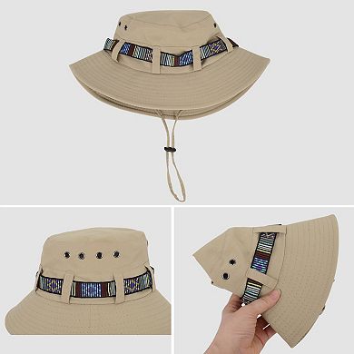 Wide Brim Bucket Hat with Colorful Ribbon Trim Breathable Mesh Lining and Adjustable Chin Strap