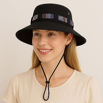 Wide Brim Bucket Hat with Colorful Ribbon Trim Breathable Mesh Lining and Adjustable Chin Strap