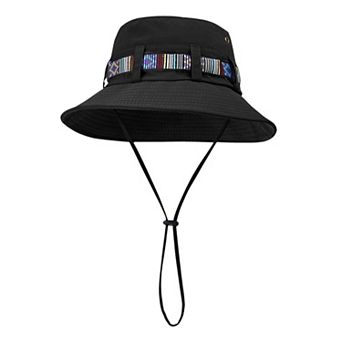 Wide Brim Bucket Hat with Colorful Ribbon Trim Breathable Mesh Lining and Adjustable Chin Strap