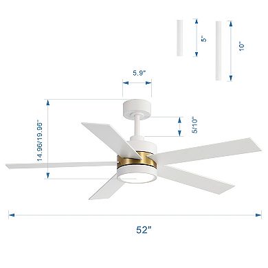 52-Inch Ceiling Fan with Light, 5 Plywood Blades, DC Motor, Includes 5-Inch & 10-Inch Downrods