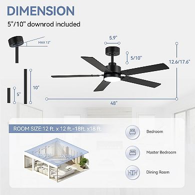 48-Inch Ceiling Fan with LED Light, Reversible 5 Blades, DC, Includes 5 & 10-Inch Downrods, Remote