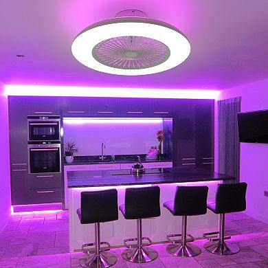 22-Inch Flush Mount Ceiling Fan with LED RGB Light, 7 Transparent ABS Blades, DC Motor, No Downrod