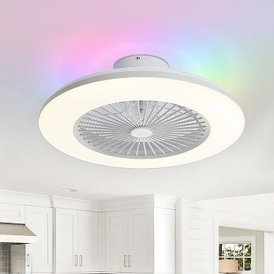 22-Inch Flush Mount Ceiling Fan with LED RGB Light, 7 Transparent ABS Blades, DC Motor, No Downrod