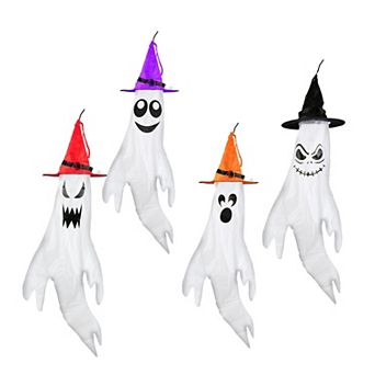 4 pc Halloween Ghosts with Witch Hats LED Windsocks, Outdoor Hanging Yard Party Decoration