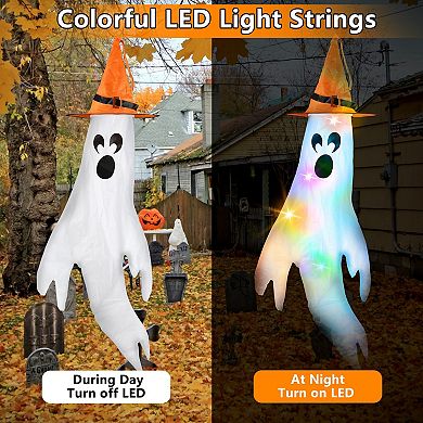 4Pcs Halloween Ghosts with Witch Hats LED Windsocks, Outdoor Hanging Yard Party Decoration