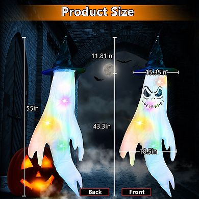 4Pcs Halloween Ghosts with Witch Hats LED Windsocks, Outdoor Hanging Yard Party Decoration
