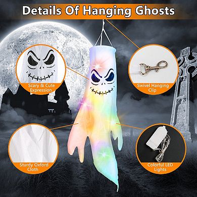 4Pcs Halloween Ghosts with Witch Hats LED Windsocks, Outdoor Hanging Yard Party Decoration