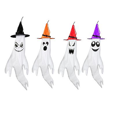 4Pcs Halloween Ghosts with Witch Hats LED Windsocks, Outdoor Hanging Yard Party Decoration