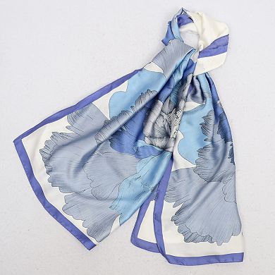 Women's Elegant Floral Satin Scarf with Vibrant Blue and Lavender Tones for Versatile Styling