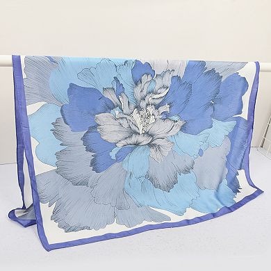 Women's Elegant Floral Satin Scarf with Vibrant Blue and Lavender Tones for Versatile Styling