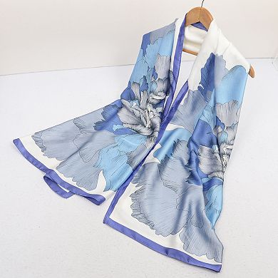 Women's Elegant Floral Satin Scarf with Vibrant Blue and Lavender Tones for Versatile Styling