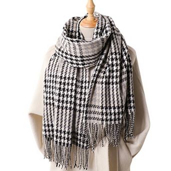 Women's Houndstooth Plaid Winter Scarf Soft Fringe Oversized Wrap Shawls