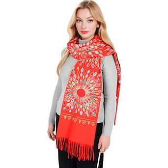 Women's Floral Mandala Embroidered Scarf with Fringed Edges and Lightweight Fabric