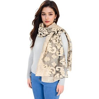 Women's Elegant Floral Embroidered Sheer Scarf with Lightweight Textured Fabric Overlay