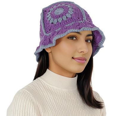 Women's Crochet Bucket Hat Retro Sunburst Pattern Knit Handmade Foldable Floppy Beach Hat