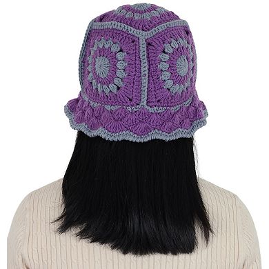 Women's Crochet Bucket Hat Retro Sunburst Pattern Knit Handmade Foldable Floppy Beach Hat