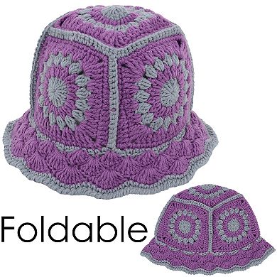 Women's Crochet Bucket Hat Retro Sunburst Pattern Knit Handmade Foldable Floppy Beach Hat