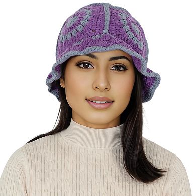 Women's Crochet Bucket Hat Retro Sunburst Pattern Knit Handmade Foldable Floppy Beach Hat
