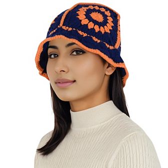 Women's Crochet Bucket Hat Retro Sunburst Pattern Knit Handmade Foldable Floppy Beach Hat