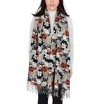 Women's Winter Cashmere-Like Feel Scarf Floral Printed Classic Fringe Shawls Wrap Scarves