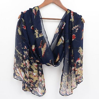 Women's Lightweight Floral Birds Print Scarf Cotton Linen Shawls Wrap Scarves
