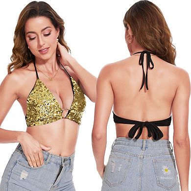 Women's Sequin Triangle Halter Top with O-Ring Front Detail
