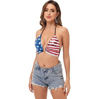 Women's Sequin Triangle Halter Top with O-Ring Front Detail