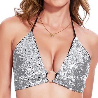 Women's Sequin Triangle Halter Top with O-Ring Front Detail