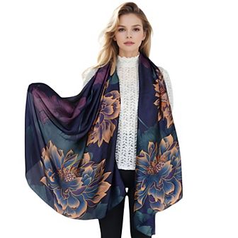 Women's Luxury Floral Pattern Satin Scarf Lightweight Silky Wrap Shawl Scarves for Evening Dresses