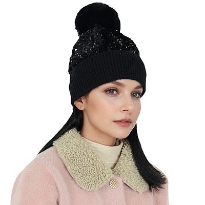Sparkly Sequin Beanie Hat with Faux Fur Pom Pom Knit Skull Cap for