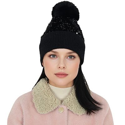 Sparkly Sequin Beanie Hat with Faux Fur Pom Pom Knit Skull Cap for