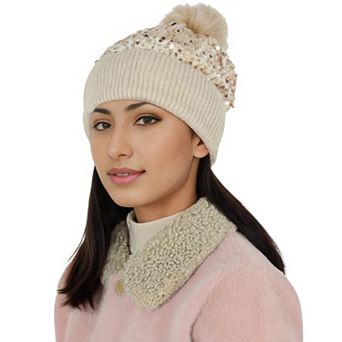 Sparkly Sequin Beanie Hat with Faux Fur Pom Pom Knit Skull Cap for Women