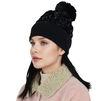 Sparkly Sequin Beanie Hat with Faux Fur Pom Pom Knit Skull Cap for Women