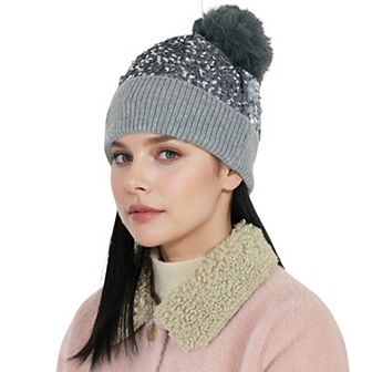Sparkly Sequin Beanie Hat with Faux Fur Pom Pom Knit Skull Cap for Women