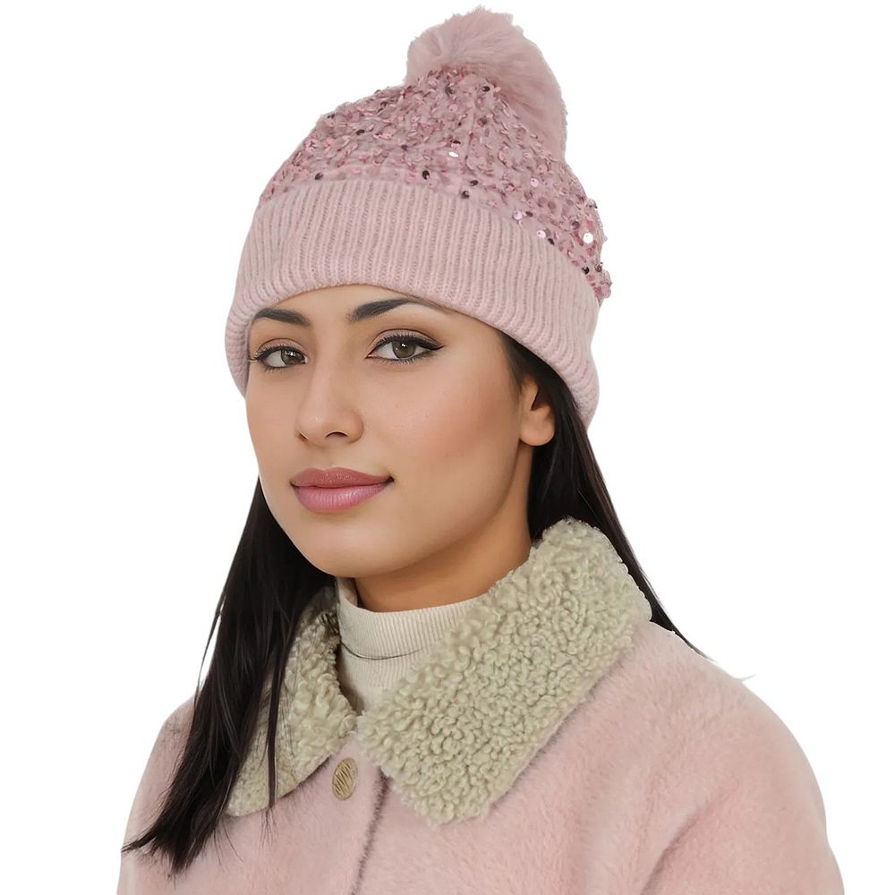 Sparkly Sequin Beanie Hat with Faux Fur Pom Pom Knit Skull Cap for