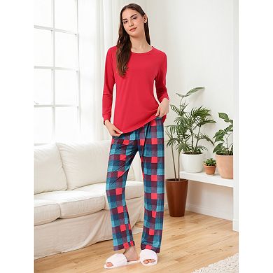 Women's Sleepwear Long Sleeve Tops and Plaid Pants Family Pajamas Set