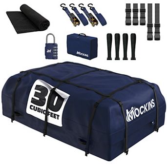Mockins Navy Blue 30 Cu Ft. Waterproof Rooftop Bag (60"x43"x20") with PVC Mat, Straps, Hooks & More