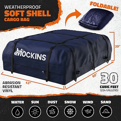 Mockins Navy Blue 30 Cu Ft. Waterproof Rooftop Bag (60"x43"x20") with PVC Mat, Straps, Hooks & More