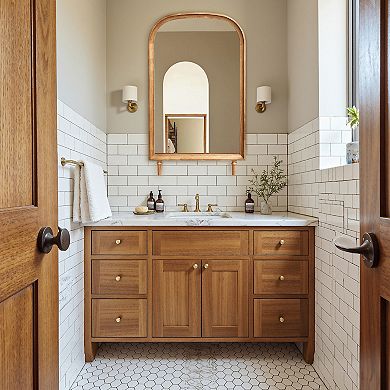 LuxenHome Horizon Arch Wooden 23.6" W x 39.6" H Wall Mirror with Legs