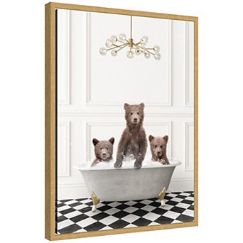 Sylvie Three Bears in Gray Bathtub on Checker Floor Framed Canvas by Amy Peterson