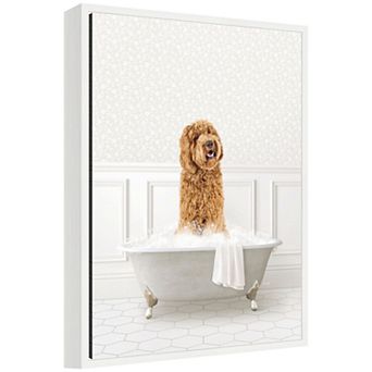 Sylvie Golden Doodle in White Bathtub Framed Canvas by Amy Peterson