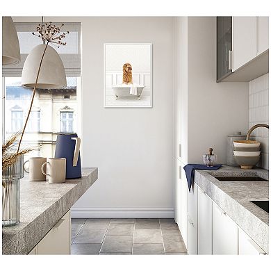 Sylvie Golden Doodle in White Bathtub Framed Canvas by Amy Peterson