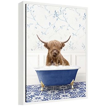 Sylvie Highland Cow in Eclectic Blue Bathtub Framed Canvas by Amy Peterson
